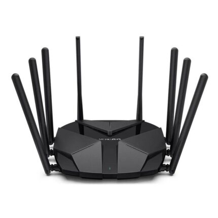 Feature Specification Wi-Fi Standard Wi-Fi 6 (802.11ax) Wi-Fi Class AX6000 2.4 GHz Speed Up to 1148 Mbps 5 GHz Speed Up to 4804 Mbps Combined Speed 5952 Mbps (AX6000) Processor Quad-Core 1.6 GHz Memory 512 MB RAM Ethernet Ports 1× 2.5GbE WAN/LAN, 1× Gigabit WAN/LAN, 2× Gigabit LAN Antennas 8 High-Gain External Antennas Channel Width 160 MHz Security WPA3 VPN OpenVPN & PPTP Server App MERCUSYS App Main Features AX6000 Wi-Fi 6 with combined wireless speeds of nearly 6 Gbps. 8-stream (4×4 + 4×4) Wi-Fi for higher capacity and better performance with many devices. 2.5 Gigabit Multi-Gig port, ideal for internet plans above 1 Gbps or high-speed NAS connections. OFDMA and 4×4 MU-MIMO increase efficiency when many devices are active. 160 MHz channels for maximum speeds on compatible Wi-Fi 6 devices. Beamforming and 8 high-gain antennas provide excellent coverage. Smart Connect automatically selects the best Wi-Fi band. BSS Coloring reduces interference from neighboring Wi-Fi networks. Target Wake Time (TWT) helps extend battery life on supported devices. WPA3 security and Guest Network support. Performance The MR90X is well suited for: Large homes (up to 250–350 m², depending on wall materials) 50–100+ connected devices 4K and 8K streaming Cloud gaming and online multiplayer gaming Video conferencing Large file transfers Smart homes with many connected devices Internet plans from 500 Mbps up to 2.5 Gbps using the Multi-Gig Ethernet port. Advantages Excellent AX6000 Wi-Fi performance. Powerful quad-core processor. Fast 2.5GbE Multi-Gig port. Eight antennas provide strong coverage. 4×4 MU-MIMO on both frequency bands. 160 MHz support. WPA3 security. Very competitive price for an AX6000 router.
